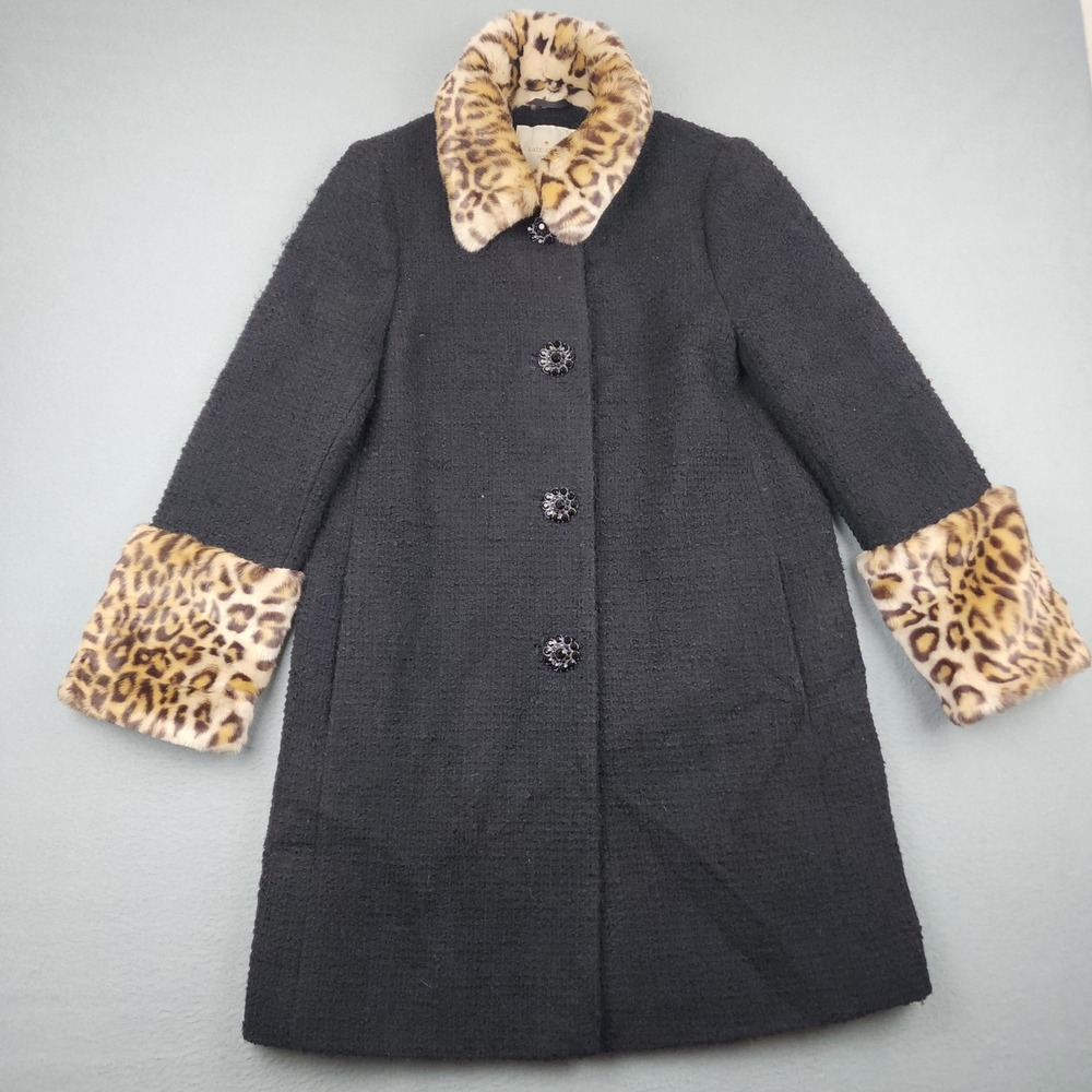 Kate Spade Coat Womens 0 Black Tweed Leopard Faux Fur Collar Cuff Mid Length